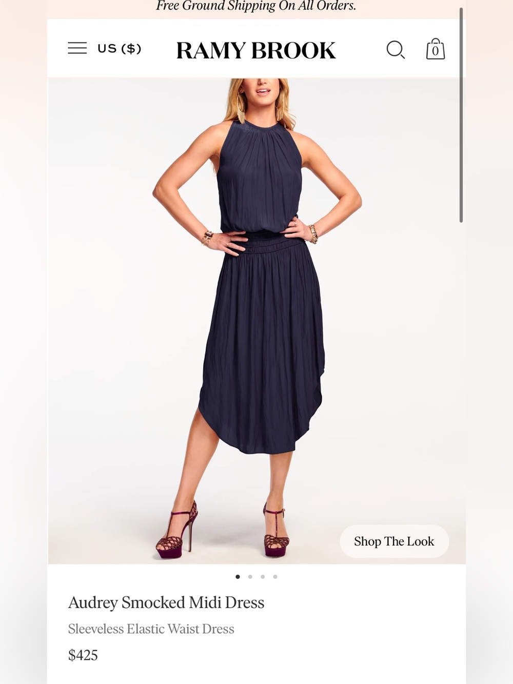 Ramy Brook Audrey Smocked Midi Dress in Navy *Never Worn, NWT*